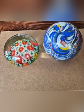 VTg Bundle Deal 2pc Murano Orange Red Yellow Floral Millefiori Glass Paperweight